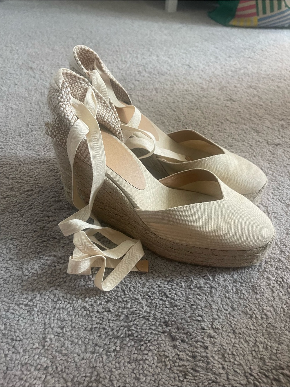 Castaner Cream Canvas Espadrille Wedge Sandals with Ankle Ties